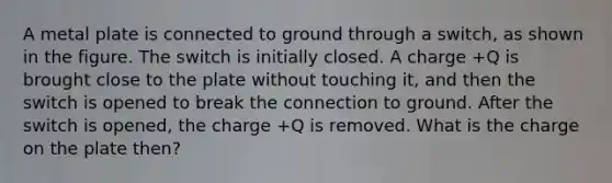 A metal plate is connected to ground through a switch, as shown in the figure. The switch is initially closed. A charge +Q is brought close to the plate without touching it, and then the switch is opened to break the connection to ground. After the switch is opened, the charge +Q is removed. What is the charge on the plate then?