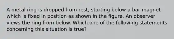 A metal ring is dropped from rest, starting below a bar magnet which is fixed in position as shown in the figure. An observer views the ring from below. Which one of the following statements concerning this situation is true?