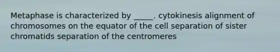 Metaphase is characterized by _____. cytokinesis alignment of chromosomes on the equator of the cell separation of sister chromatids separation of the centromeres