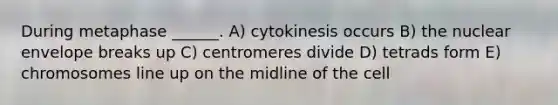 During metaphase ______. A) cytokinesis occurs B) the nuclear envelope breaks up C) centromeres divide D) tetrads form E) chromosomes line up on the midline of the cell