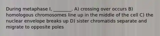 During metaphase I, ________. A) crossing over occurs B) homologous chromosomes line up in the middle of the cell C) the nuclear envelope breaks up D) sister chromatids separate and migrate to opposite poles