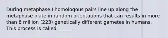 During metaphase I homologous pairs line up along the metaphase plate in random orientations that can results in more than 8 million (223) genetically different gametes in humans. This process is called ______.