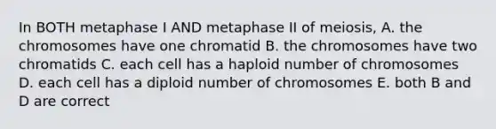 In BOTH metaphase I AND metaphase II of meiosis, A. the chromosomes have one chromatid B. the chromosomes have two chromatids C. each cell has a haploid number of chromosomes D. each cell has a diploid number of chromosomes E. both B and D are correct