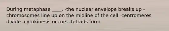 During metaphase ____. -the nuclear envelope breaks up -chromosomes line up on the midline of the cell -centromeres divide -cytokinesis occurs -tetrads form