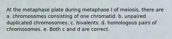 At the metaphase plate during metaphase I of meiosis, there are a. chromosomes consisting of one chromatid. b. unpaired duplicated chromosomes. c. bivalents. d. homologous pairs of chromosomes. e. Both c and d are correct.