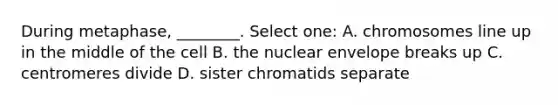 During metaphase, ________. Select one: A. chromosomes line up in the middle of the cell B. the nuclear envelope breaks up C. centromeres divide D. sister chromatids separate