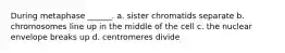 During metaphase ______. a. sister chromatids separate b. chromosomes line up in the middle of the cell c. the nuclear envelope breaks up d. centromeres divide