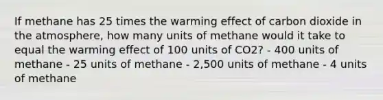 If methane has 25 times the warming effect of carbon dioxide in the atmosphere, how many units of methane would it take to equal the warming effect of 100 units of CO2? - 400 units of methane - 25 units of methane - 2,500 units of methane - 4 units of methane