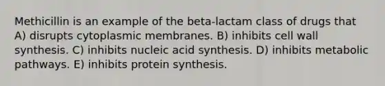 Methicillin is an example of the beta-lactam class of drugs that A) disrupts cytoplasmic membranes. B) inhibits cell wall synthesis. C) inhibits nucleic acid synthesis. D) inhibits metabolic pathways. E) inhibits protein synthesis.