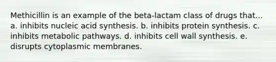 Methicillin is an example of the beta-lactam class of drugs that... a. inhibits nucleic acid synthesis. b. inhibits protein synthesis. c. inhibits metabolic pathways. d. inhibits cell wall synthesis. e. disrupts cytoplasmic membranes.