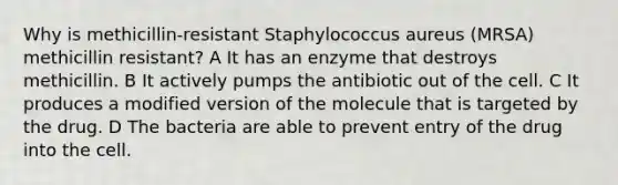 Why is methicillin-resistant Staphylococcus aureus (MRSA) methicillin resistant? A It has an enzyme that destroys methicillin. B It actively pumps the antibiotic out of the cell. C It produces a modified version of the molecule that is targeted by the drug. D The bacteria are able to prevent entry of the drug into the cell.