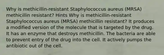 Why is methicillin-resistant Staphylococcus aureus (MRSA) methicillin resistant? Hints Why is methicillin-resistant Staphylococcus aureus (MRSA) methicillin resistant? It produces a modified version of the molecule that is targeted by the drug. It has an enzyme that destroys methicillin. The bacteria are able to prevent entry of the drug into the cell. It actively pumps the antibiotic out of the cell.