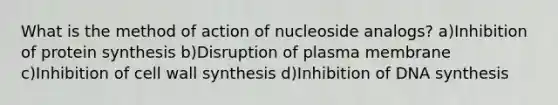 What is the method of action of nucleoside analogs? a)Inhibition of protein synthesis b)Disruption of plasma membrane c)Inhibition of cell wall synthesis d)Inhibition of DNA synthesis