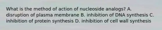 What is the method of action of nucleoside analogs? A. disruption of plasma membrane B. inhibition of DNA synthesis C. inhibition of <a href='https://www.questionai.com/knowledge/kVyphSdCnD-protein-synthesis' class='anchor-knowledge'>protein synthesis</a> D. inhibition of cell wall synthesis