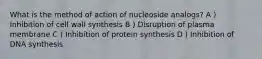 What is the method of action of nucleoside analogs? A ) Inhibition of cell wall synthesis B ) Disruption of plasma membrane C ) Inhibition of protein synthesis D ) Inhibition of DNA synthesis