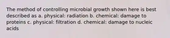 The method of controlling microbial growth shown here is best described as a. physical: radiation b. chemical: damage to proteins c. physical: filtration d. chemical: damage to nucleic acids