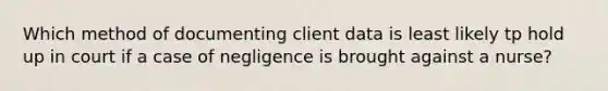 Which method of documenting client data is least likely tp hold up in court if a case of negligence is brought against a nurse?