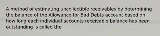 A method of estimating uncollectible receivables by determining the balance of the Allowance for Bad Debts account based on how long each individual accounts receivable balance has been outstanding is called the