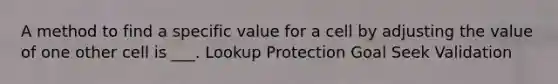 A method to find a specific value for a cell by adjusting the value of one other cell is ___. Lookup Protection Goal Seek Validation