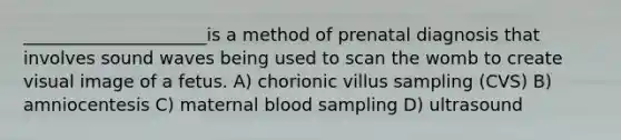 _____________________is a method of prenatal diagnosis that involves sound waves being used to scan the womb to create visual image of a fetus. A) chorionic villus sampling (CVS) B) amniocentesis C) maternal blood sampling D) ultrasound