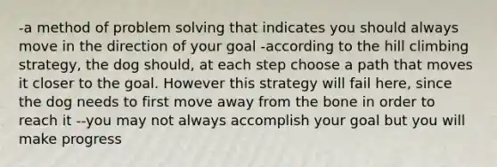 -a method of problem solving that indicates you should always move in the direction of your goal -according to the hill climbing strategy, the dog should, at each step choose a path that moves it closer to the goal. However this strategy will fail here, since the dog needs to first move away from the bone in order to reach it --you may not always accomplish your goal but you will make progress