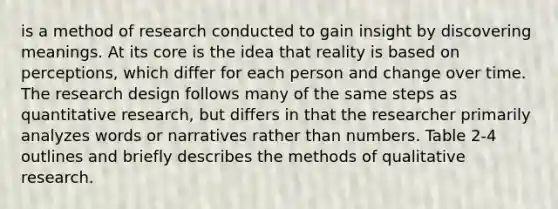 is a method of research conducted to gain insight by discovering meanings. At its core is the idea that reality is based on perceptions, which differ for each person and change over time. The research design follows many of the same steps as quantitative research, but differs in that the researcher primarily analyzes words or narratives rather than numbers. Table 2-4 outlines and briefly describes the methods of qualitative research.