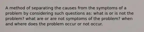 A method of separating the causes from the symptoms of a problem by considering such questions as: what is or is not the problem? what are or are not symptoms of the problem? when and where does the problem occur or not occur.