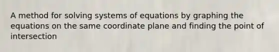 A method for solving systems of equations by graphing the equations on the same <a href='https://www.questionai.com/knowledge/kT4GOPI6xR-coordinate-plane' class='anchor-knowledge'>coordinate plane</a> and finding the point of intersection