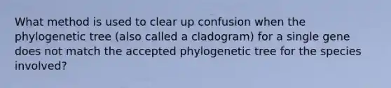 What method is used to clear up confusion when the phylogenetic tree (also called a cladogram) for a single gene does not match the accepted phylogenetic tree for the species involved?