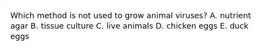 Which method is not used to grow animal viruses? A. nutrient agar B. tissue culture C. live animals D. chicken eggs E. duck eggs