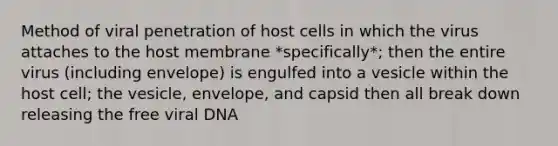 Method of viral penetration of host cells in which the virus attaches to the host membrane *specifically*; then the entire virus (including envelope) is engulfed into a vesicle within the host cell; the vesicle, envelope, and capsid then all break down releasing the free viral DNA