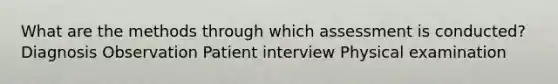 What are the methods through which assessment is conducted? Diagnosis Observation Patient interview Physical examination