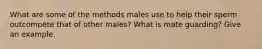 What are some of the methods males use to help their sperm outcompete that of other males? What is mate guarding? Give an example.