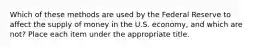 Which of these methods are used by the Federal Reserve to affect the supply of money in the U.S. economy, and which are not? Place each item under the appropriate title.