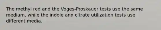 The methyl red and the Voges-Proskauer tests use the same medium, while the indole and citrate utilization tests use different media.