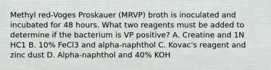 Methyl red-Voges Proskauer (MRVP) broth is inoculated and incubated for 48 hours. What two reagents must be added to determine if the bacterium is VP positive? A. Creatine and 1N HC1 B. 10% FeCl3 and alpha-naphthol C. Kovac's reagent and zinc dust D. Alpha-naphthol and 40% KOH