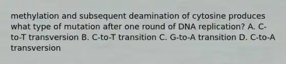 methylation and subsequent deamination of cytosine produces what type of mutation after one round of DNA replication? A. C-to-T transversion B. C-to-T transition C. G-to-A transition D. C-to-A transversion