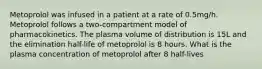 Metoprolol was infused in a patient at a rate of 0.5mg/h. Metoprolol follows a two-compartment model of pharmacokinetics. The plasma volume of distribution is 15L and the elimination half-life of metoprolol is 8 hours. What is the plasma concentration of metoprolol after 8 half-lives