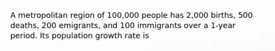 A metropolitan region of 100,000 people has 2,000 births, 500 deaths, 200 emigrants, and 100 immigrants over a 1-year period. Its population growth rate is