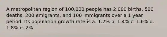 A metropolitan region of 100,000 people has 2,000 births, 500 deaths, 200 emigrants, and 100 immigrants over a 1 year period. Its population growth rate is a. 1.2% b. 1.4% c. 1.6% d. 1.8% e. 2%