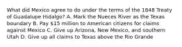 What did Mexico agree to do under the terms of the 1848 Treaty of Guadalupe Hidalgo? A. Mark the Nueces River as the Texas boundary B. Pay 15 million to American citizens for claims against Mexico C. Give up Arizona, New Mexico, and southern Utah D. Give up all claims to Texas above the Rio Grande