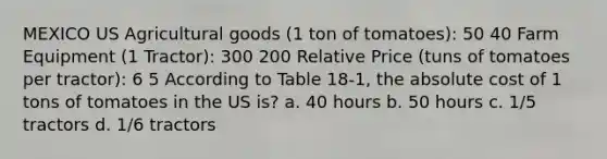 MEXICO US Agricultural goods (1 ton of tomatoes): 50 40 Farm Equipment (1 Tractor): 300 200 Relative Price (tuns of tomatoes per tractor): 6 5 According to Table 18-1, the absolute cost of 1 tons of tomatoes in the US is? a. 40 hours b. 50 hours c. 1/5 tractors d. 1/6 tractors