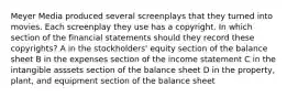 Meyer Media produced several screenplays that they turned into movies. Each screenplay they use has a copyright. In which section of the financial statements should they record these copyrights? A in the stockholders' equity section of the balance sheet B in the expenses section of the income statement C in the intangible asssets section of the balance sheet D in the property, plant, and equipment section of the balance sheet