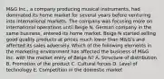 M&G Inc., a company producing musical instruments, had dominated its home market for several years before venturing into international markets. The company was focusing more on international operations until Beige N, German company in the same business, entered its home market. Beige N started selling good quality products at prices much lower than M&G's and affected its sales adversely. Which of the following elements in the marketing environment has affected the business of M&G Inc. with the market entry of Beige N? A. Structure of distribution B. Promotion of the product C. Cultural forces D. Level of technology E. Competition in the domestic market