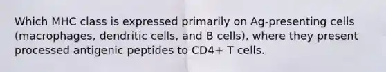 Which MHC class is expressed primarily on Ag-presenting cells (macrophages, dendritic cells, and B cells), where they present processed antigenic peptides to CD4+ T cells.