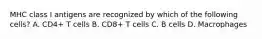 MHC class I antigens are recognized by which of the following cells? A. CD4+ T cells B. CD8+ T cells C. B cells D. Macrophages