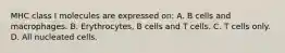 MHC class I molecules are expressed on: A. B cells and macrophages. B. Erythrocytes, B cells and T cells. C. T cells only. D. All nucleated cells.