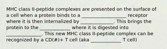 MHC class II-peptide complexes are presented on the surface of a cell when a protein binds to a ___________________ receptor where it is then internalized by ______________. This brings the protein to the _____________ where it is digested into _______________. This new MHC class II-peptide complex can be recognized by a CD(#)+ T cell (aka _____________ T cell)