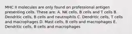 MHC II molecules are only found on professional antigen presenting cells. These are: A. NK cells, B cells and T cells B. Dendritic cells, B cells and neutrophils C. Dendritic cells, T cells and macrophages D. Mast cells, B cells and macrophages E. Dendritic cells, B cells and macrophages