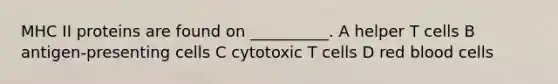 MHC II proteins are found on __________. A helper T cells B antigen-presenting cells C cytotoxic T cells D red blood cells